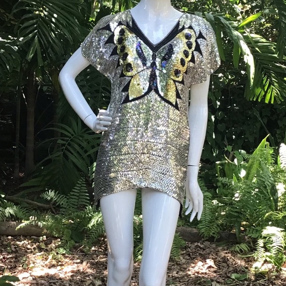 Vintage 80s butterfly sequins silk top - Picture 3 of 12